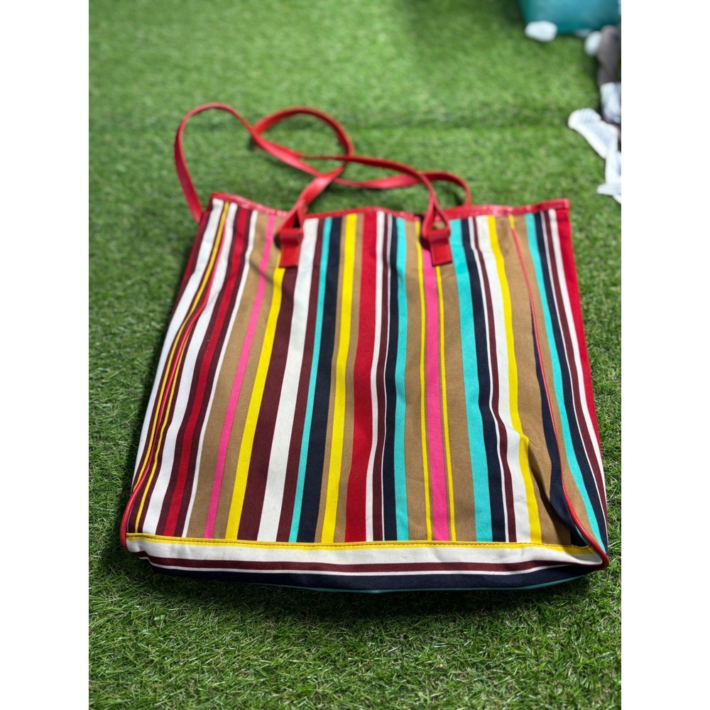 Lancome Exclusive Striped Tote Bag Red Canvas Leather Trim